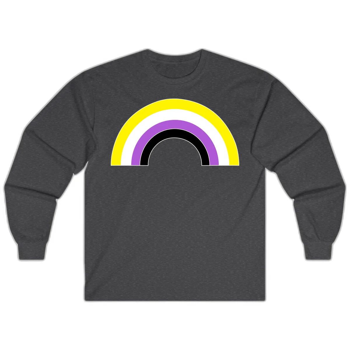 Concentric pride rainbow arcs in yellow, white, purple, and black nested semicircles on gray background in Dark Heather