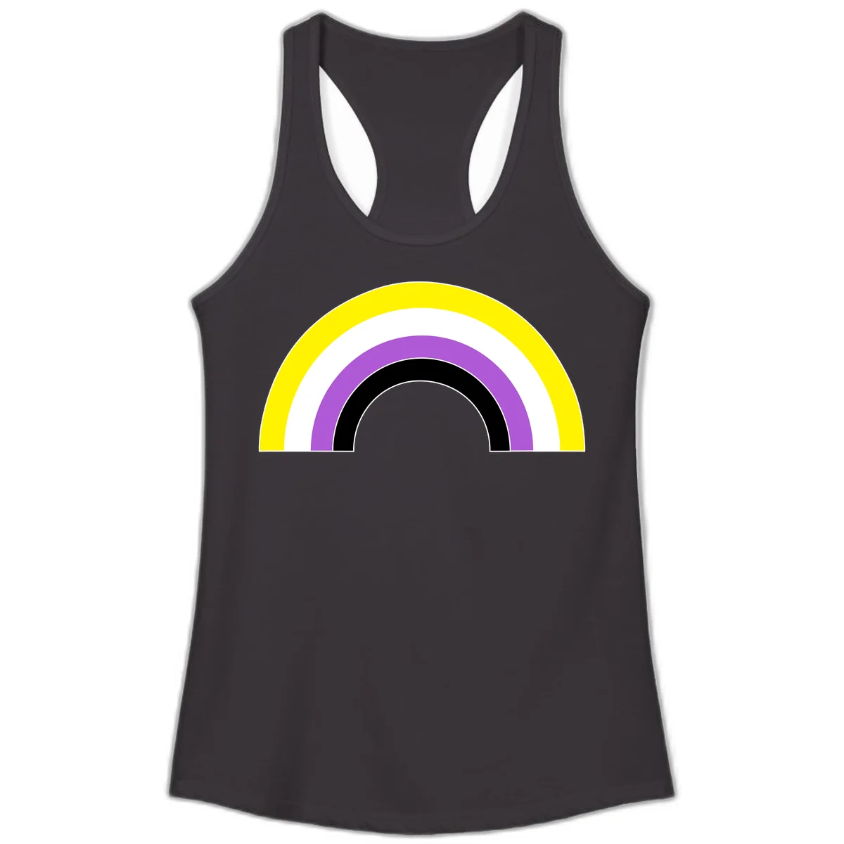 Concentric pride rainbow arcs in yellow, white, purple, and black nested semicircles on gray background in Black