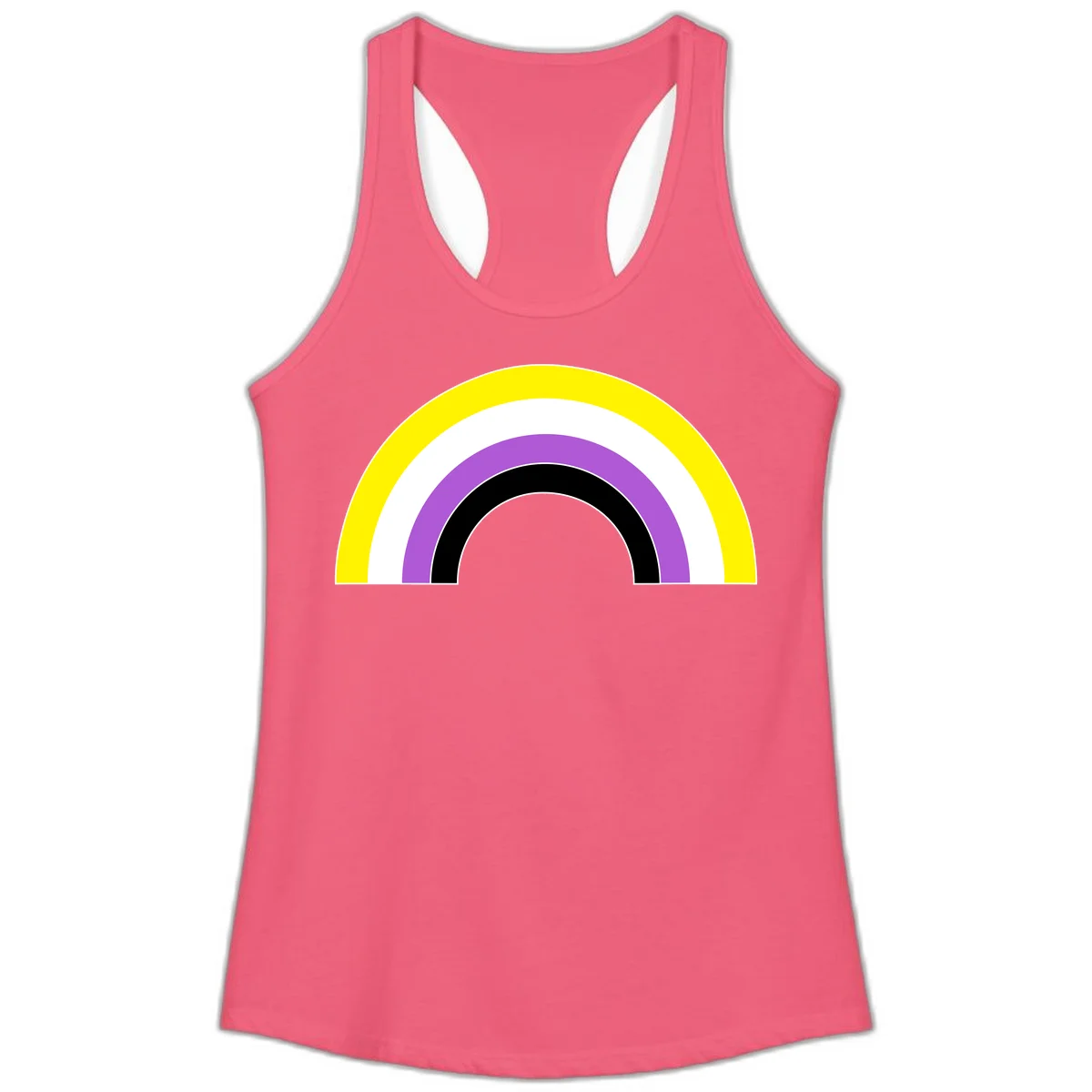 Concentric pride rainbow arcs in yellow, white, purple, and black nested semicircles on gray background in Hot Pink