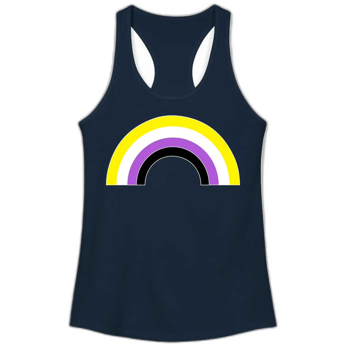 Concentric pride rainbow arcs in yellow, white, purple, and black nested semicircles on gray background in Solid Midnight Navy