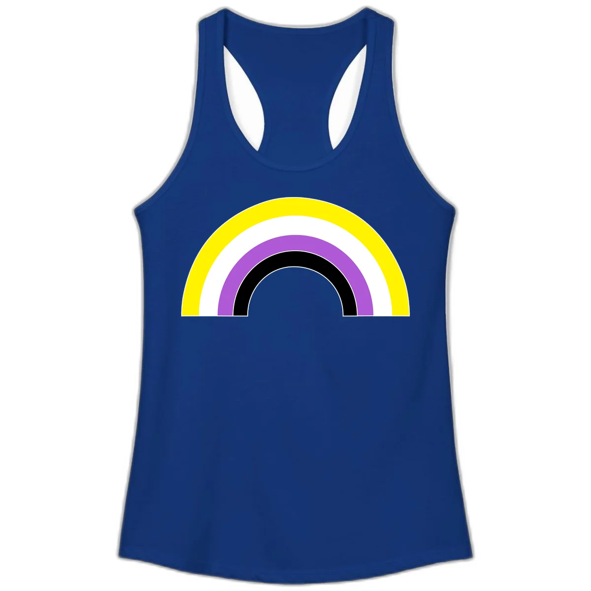 Concentric pride rainbow arcs in yellow, white, purple, and black nested semicircles on gray background in Solid Royal