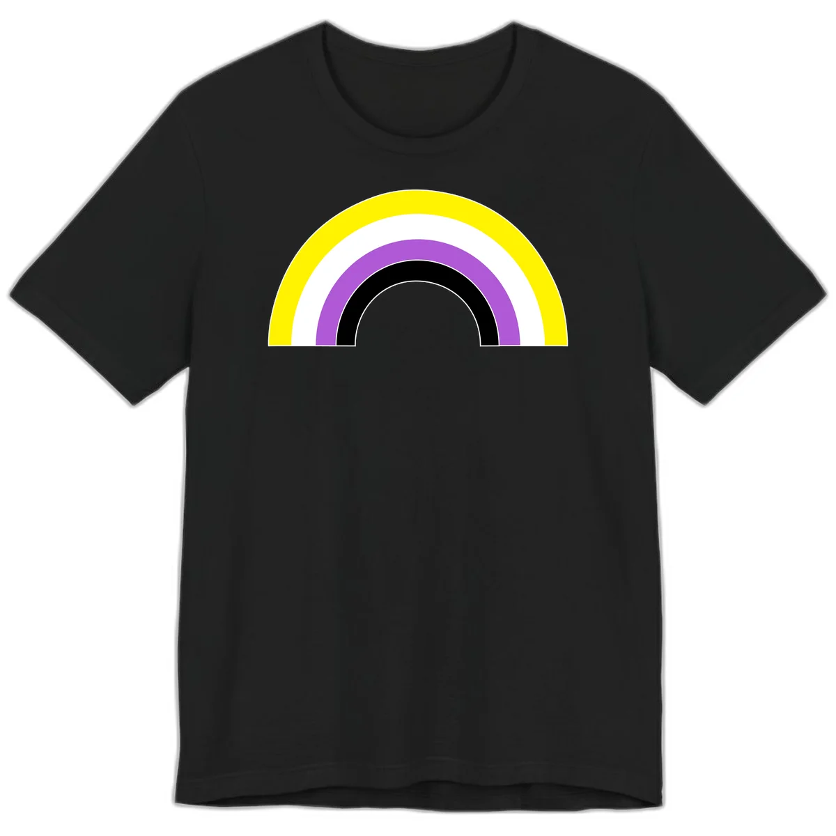 Concentric pride rainbow arcs in yellow, white, purple, and black nested semicircles on gray background in Black