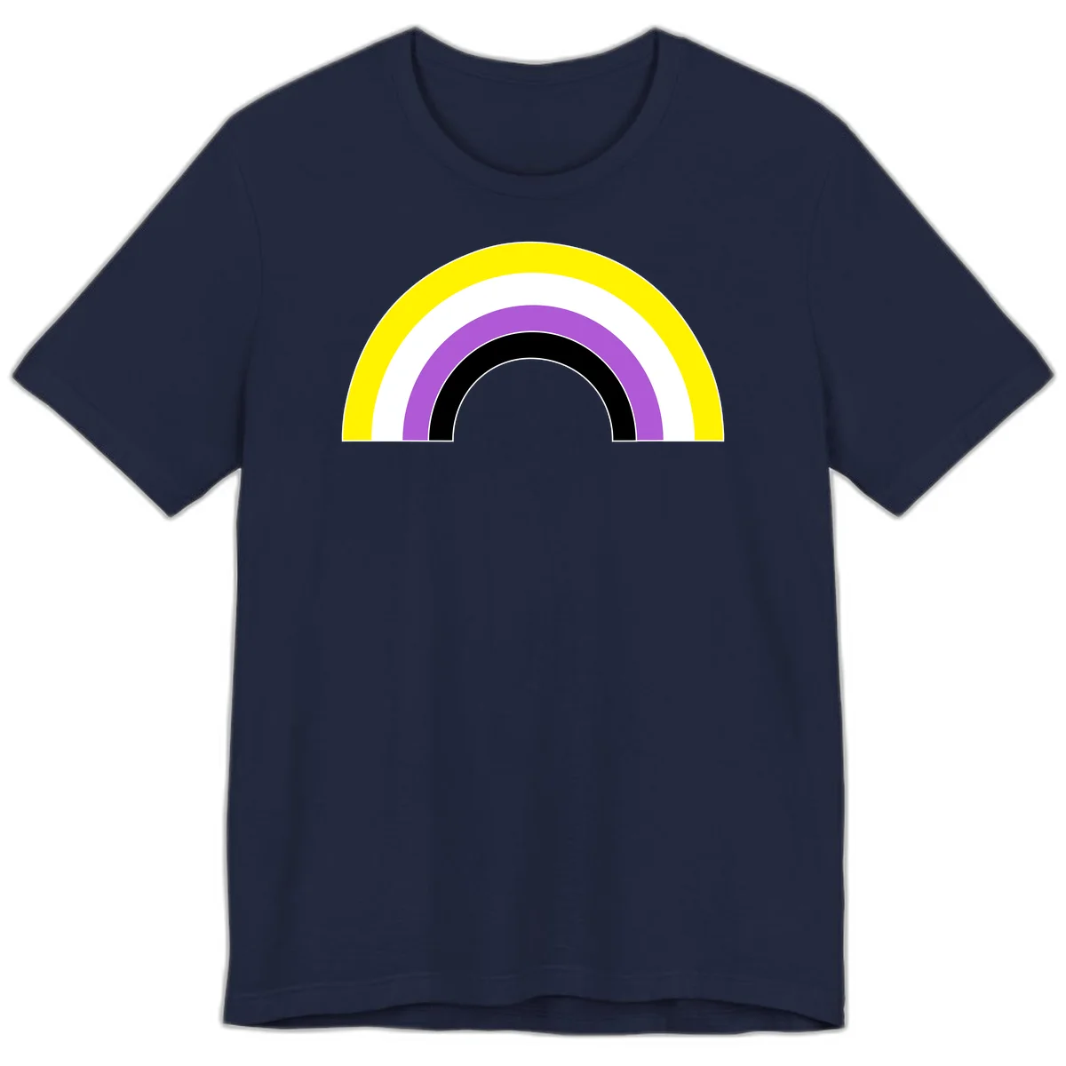 Concentric pride rainbow arcs in yellow, white, purple, and black nested semicircles on gray background in Navy