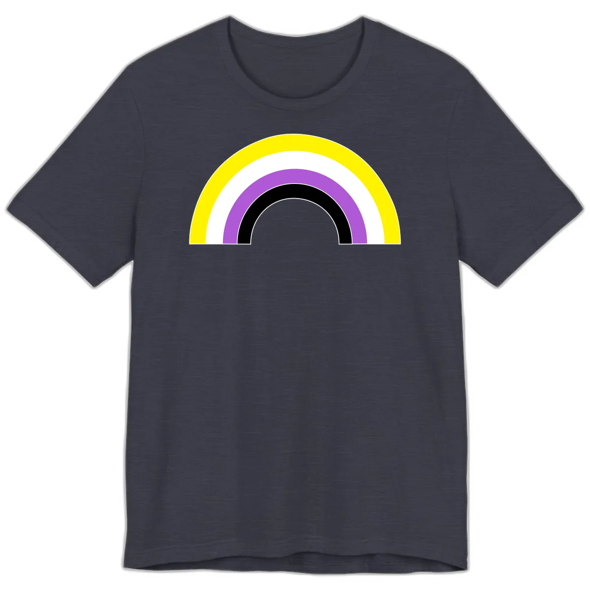 Concentric pride rainbow arcs in yellow, white, purple, and black nested semicircles on gray background in Heather Midnight Navy