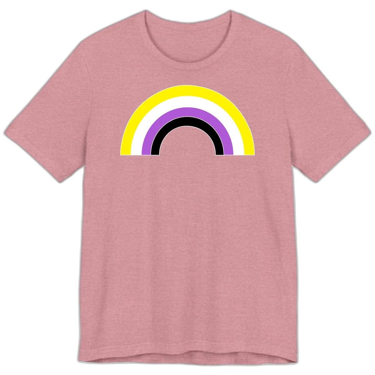Concentric pride rainbow arcs in yellow, white, purple, and black nested semicircles on gray background in Heather Orchid