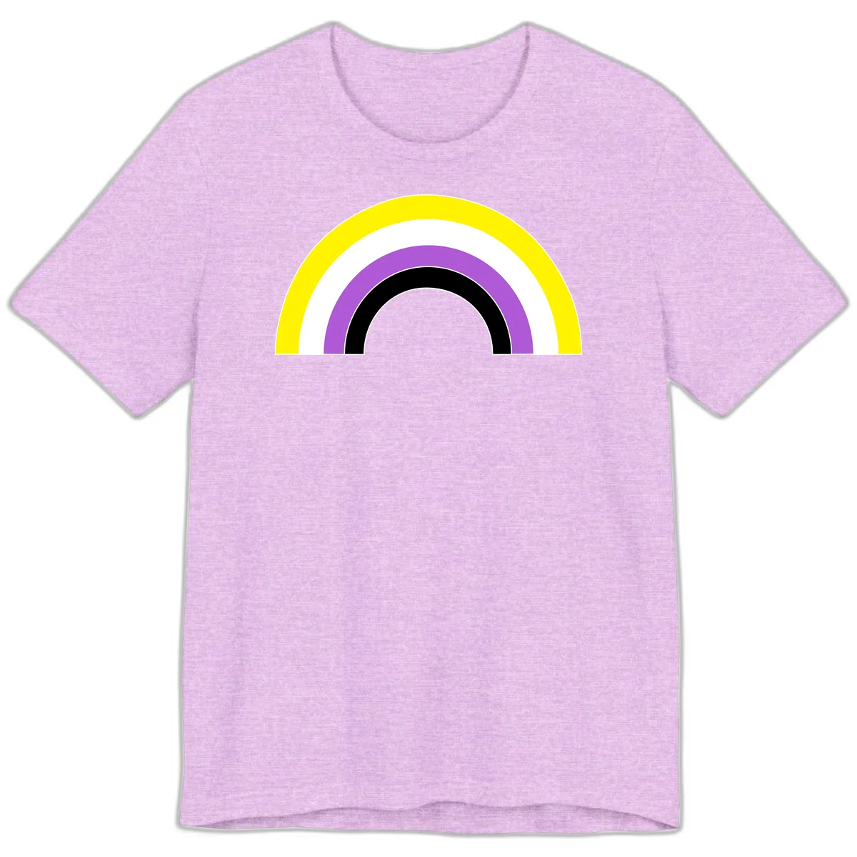 Concentric pride rainbow arcs in yellow, white, purple, and black nested semicircles on gray background in Heather Prism Lilac