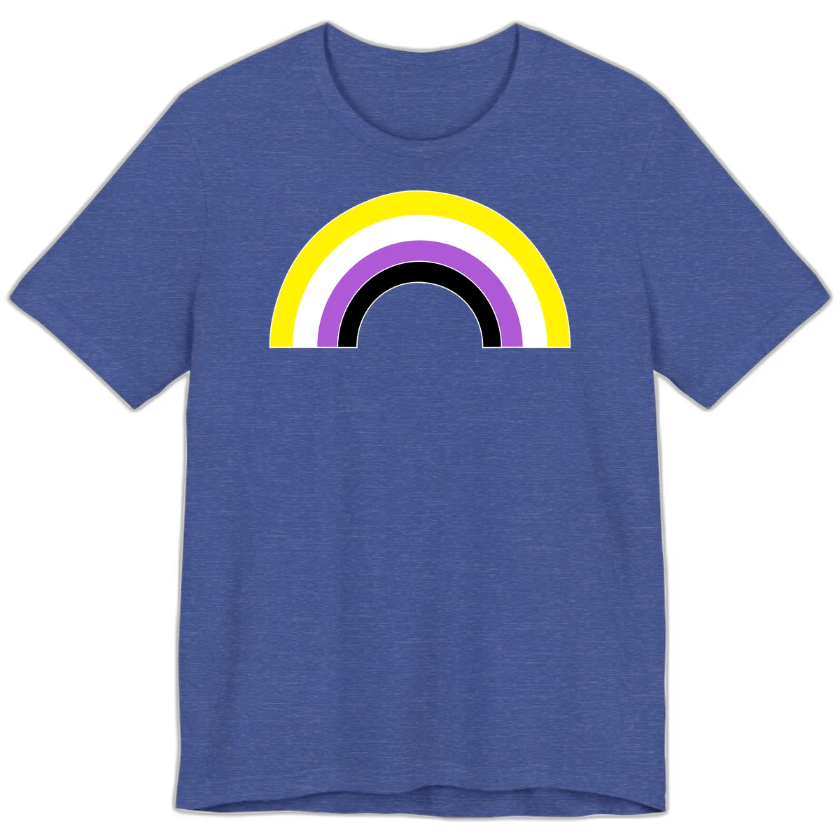 Concentric pride rainbow arcs in yellow, white, purple, and black nested semicircles on gray background in Heather True Royal