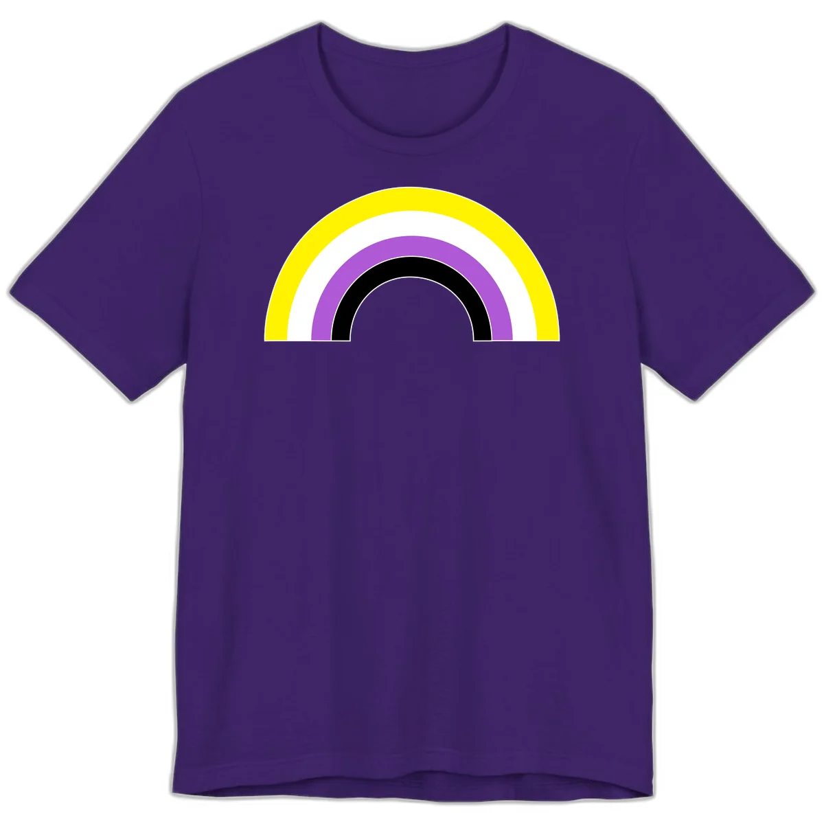 Concentric pride rainbow arcs in yellow, white, purple, and black nested semicircles on gray background in Team Purple