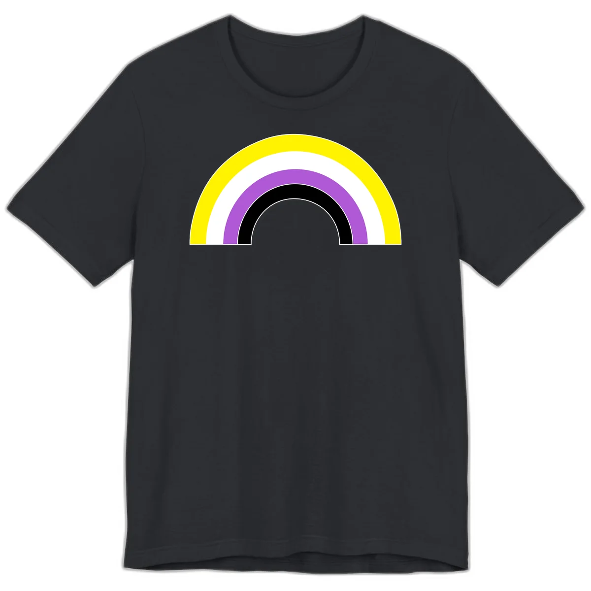 Concentric pride rainbow arcs in yellow, white, purple, and black nested semicircles on gray background in Vintage Black