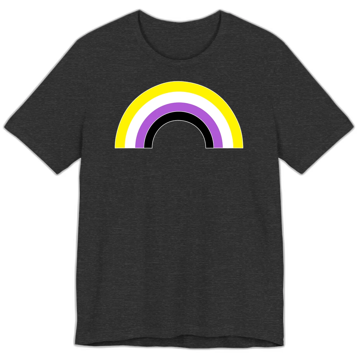 Concentric pride rainbow arcs in yellow, white, purple, and black nested semicircles on gray background in Dark Grey Heather