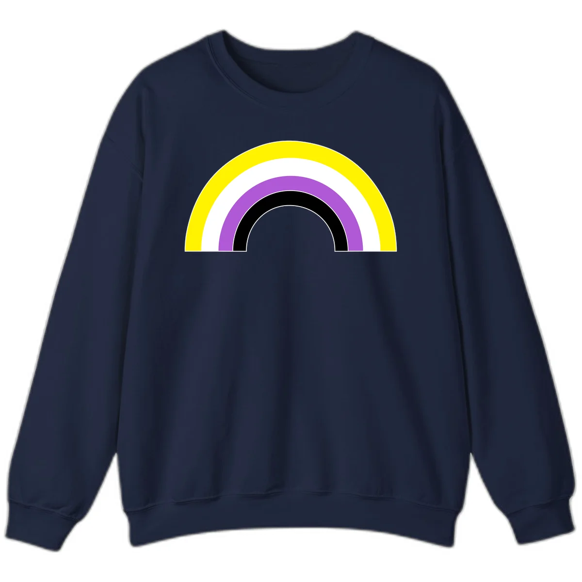 Concentric pride rainbow arcs in yellow, white, purple, and black nested semicircles on gray background in Navy