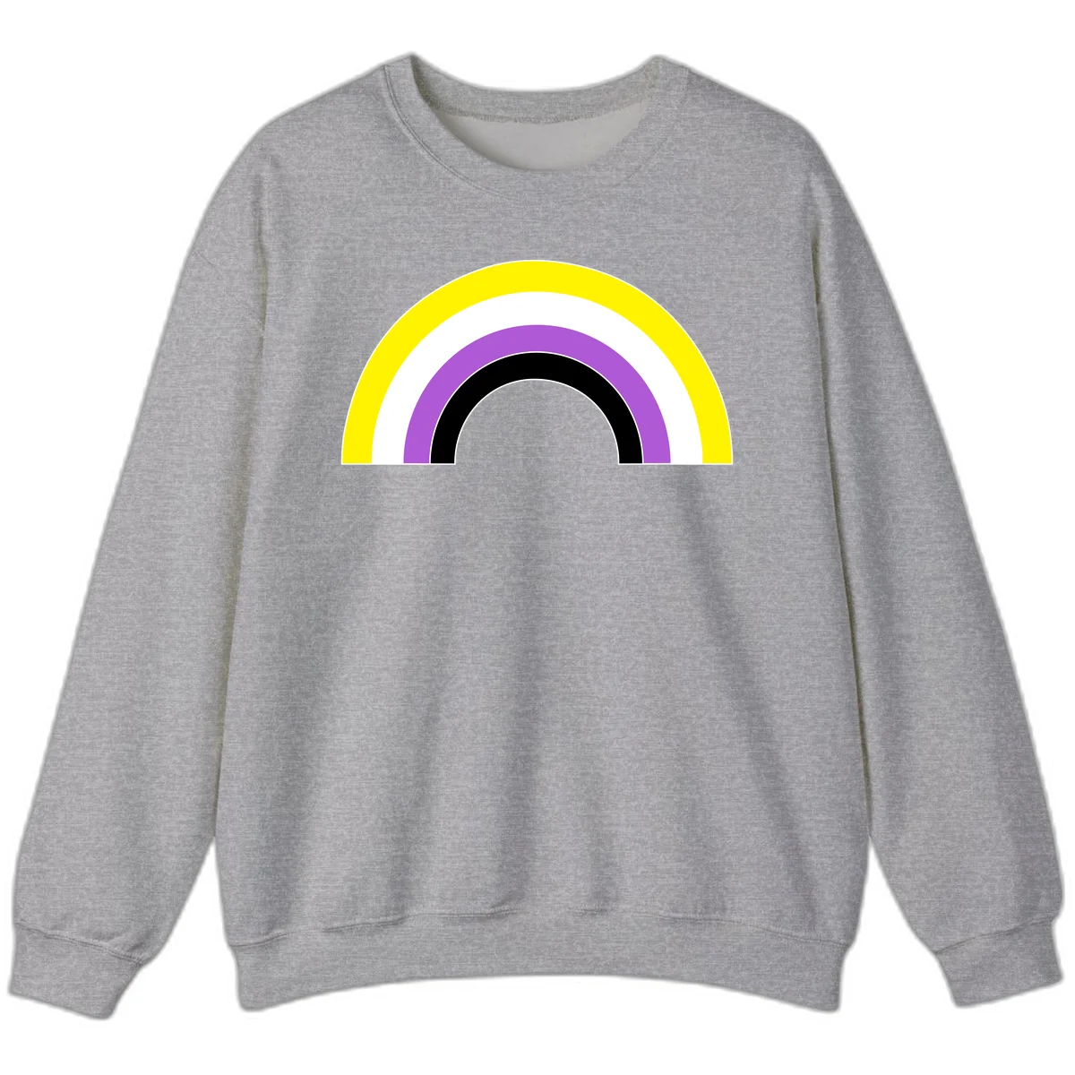 Concentric pride rainbow arcs in yellow, white, purple, and black nested semicircles on gray background in Sport Grey