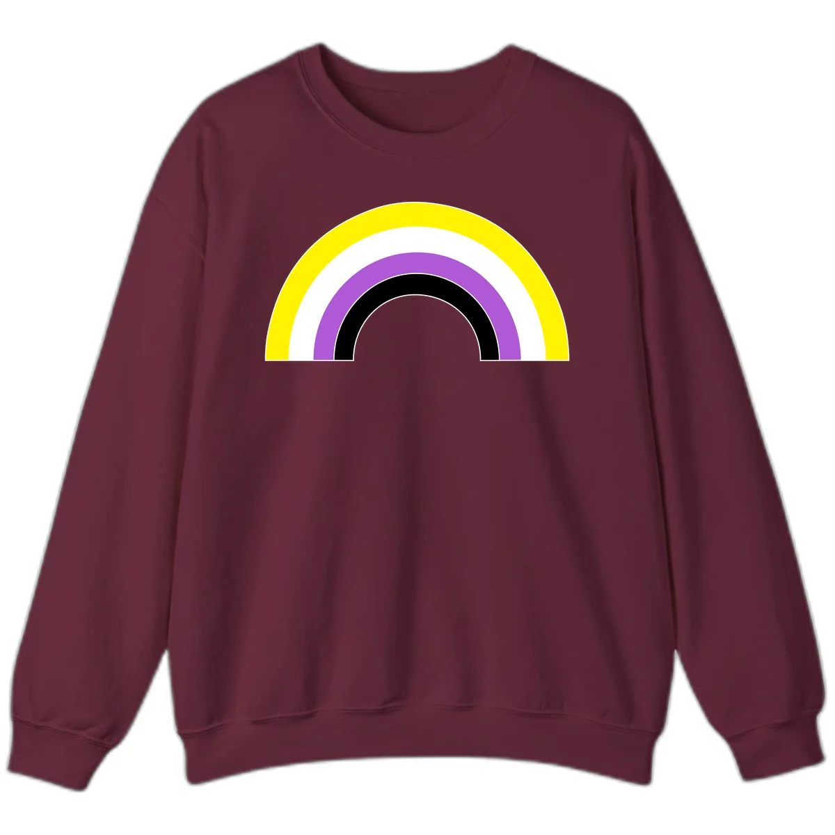 Concentric pride rainbow arcs in yellow, white, purple, and black nested semicircles on gray background in Maroon
