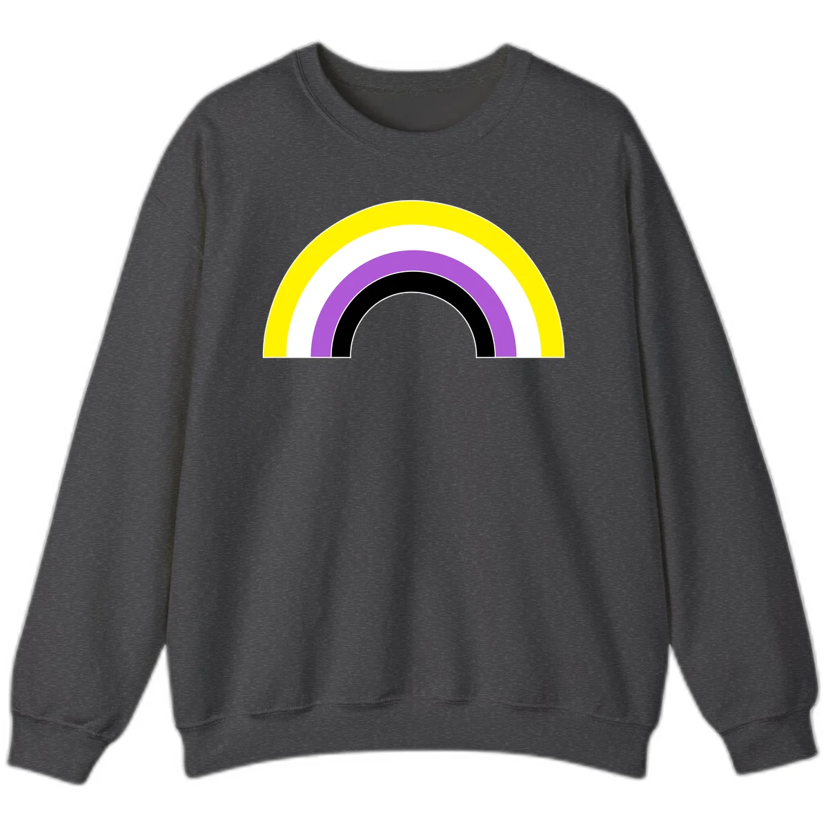 Concentric pride rainbow arcs in yellow, white, purple, and black nested semicircles on gray background in Dark Heather
