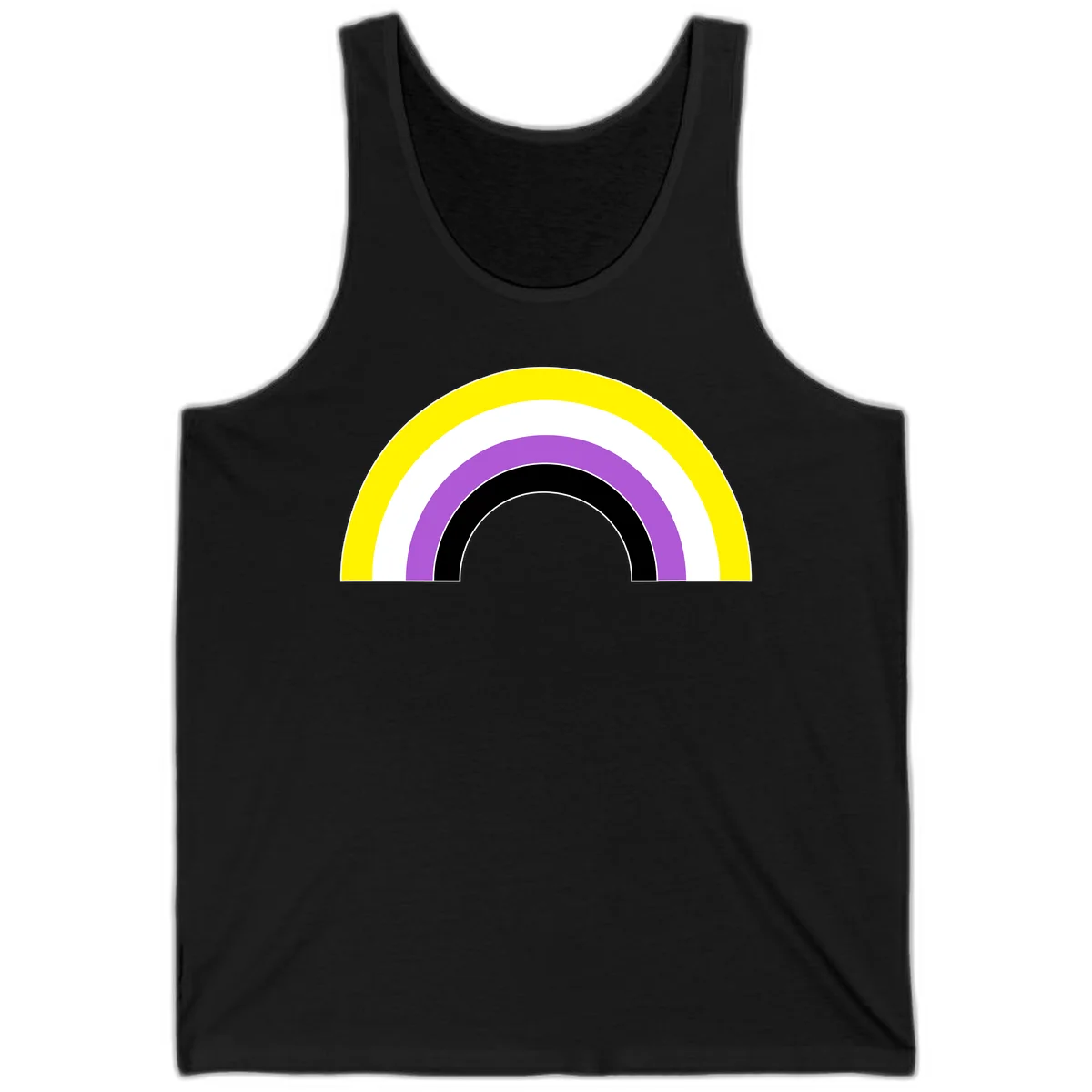 Concentric pride rainbow arcs in yellow, white, purple, and black nested semicircles on gray background in Black