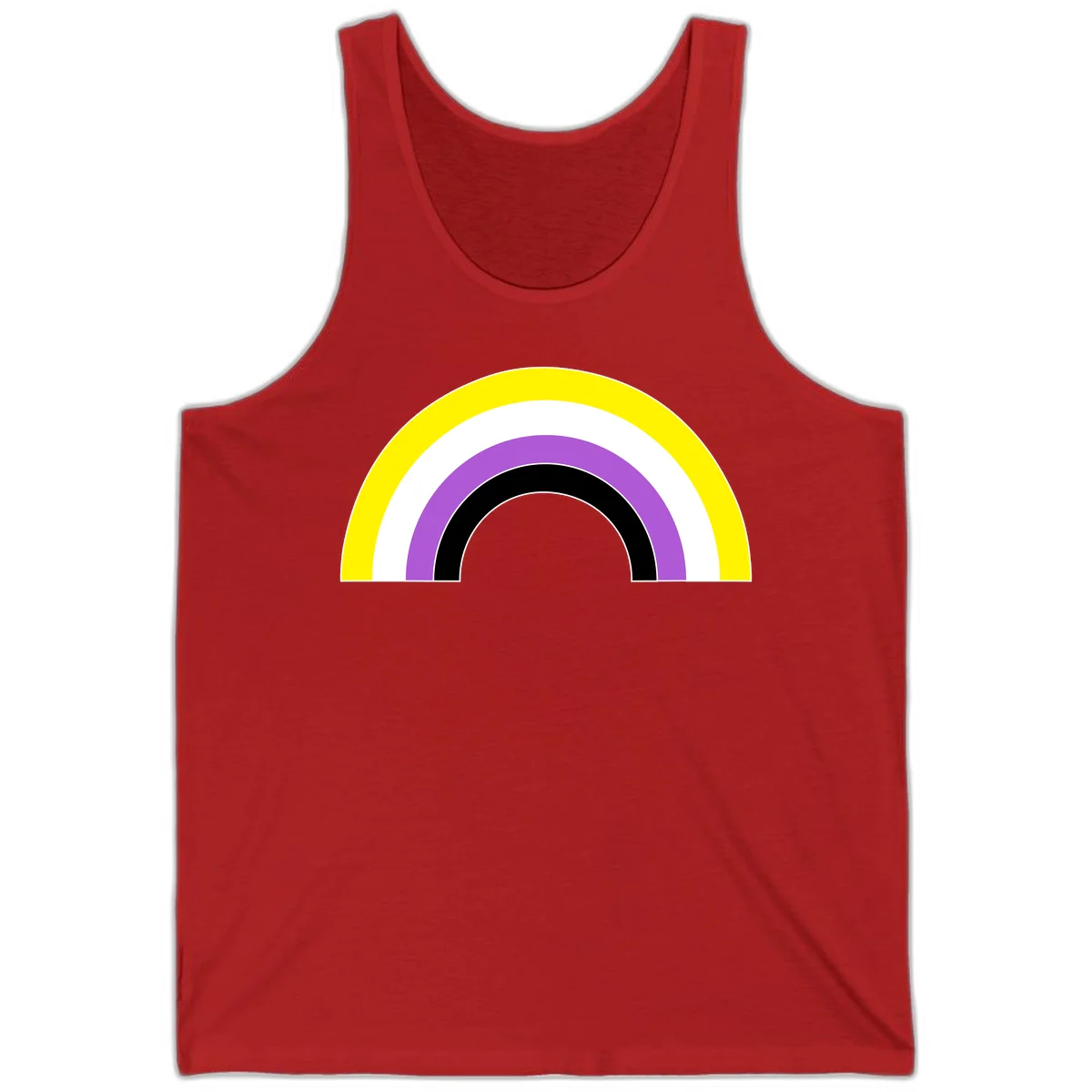 Concentric pride rainbow arcs in yellow, white, purple, and black nested semicircles on gray background in Red