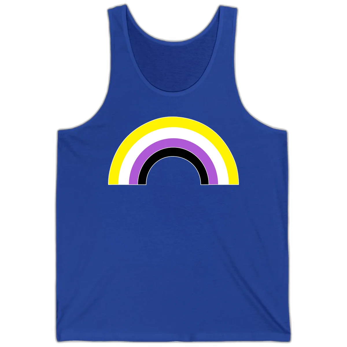 Concentric pride rainbow arcs in yellow, white, purple, and black nested semicircles on gray background in True Royal