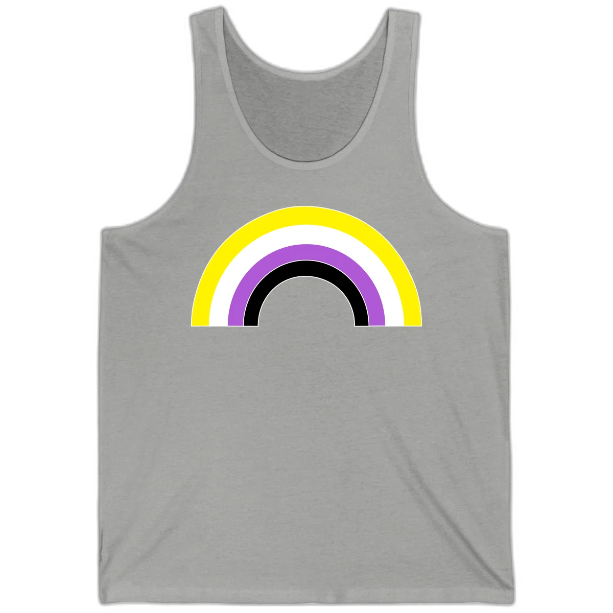 Concentric pride rainbow arcs in yellow, white, purple, and black nested semicircles on gray background in Athletic Heather