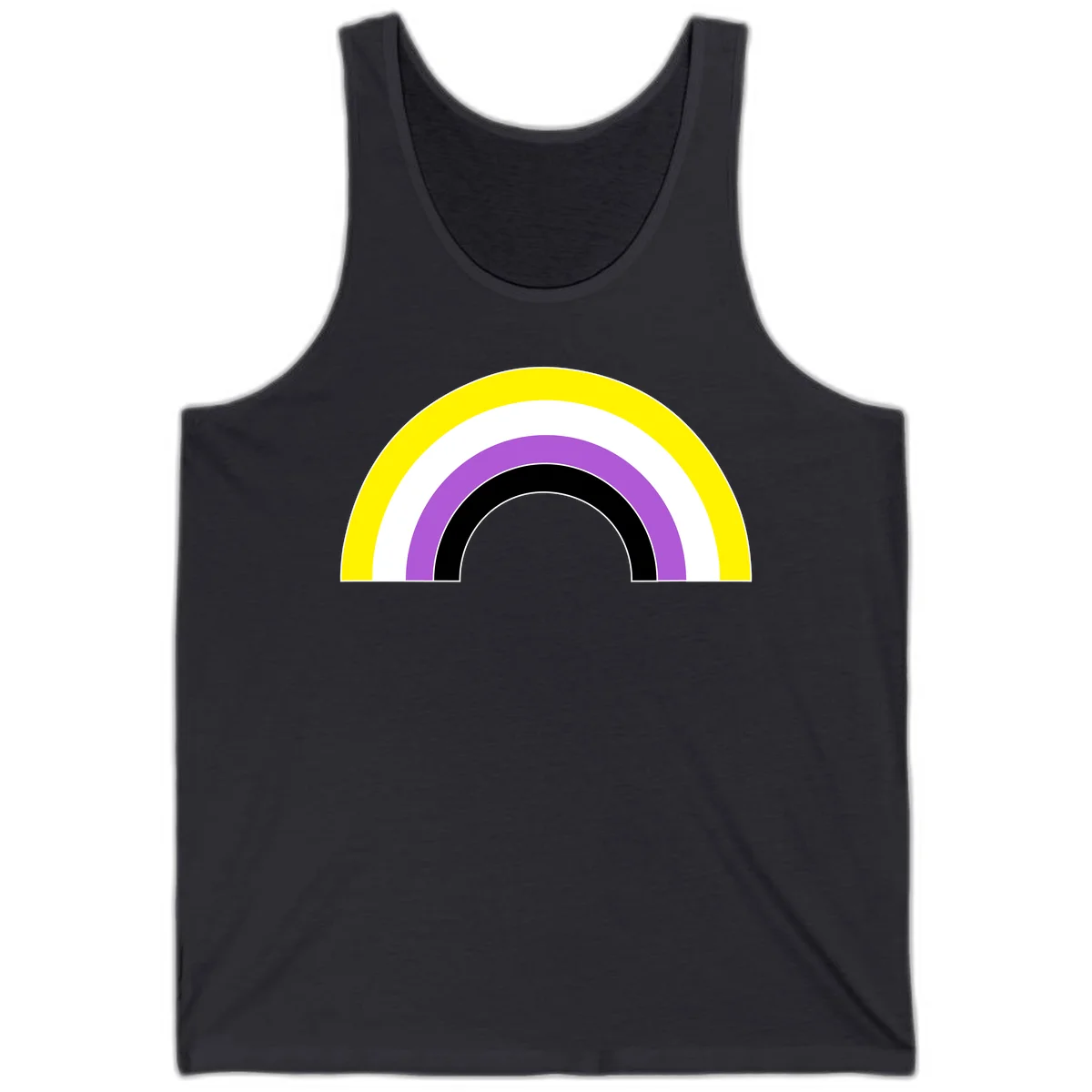 Concentric pride rainbow arcs in yellow, white, purple, and black nested semicircles on gray background in Dark Grey