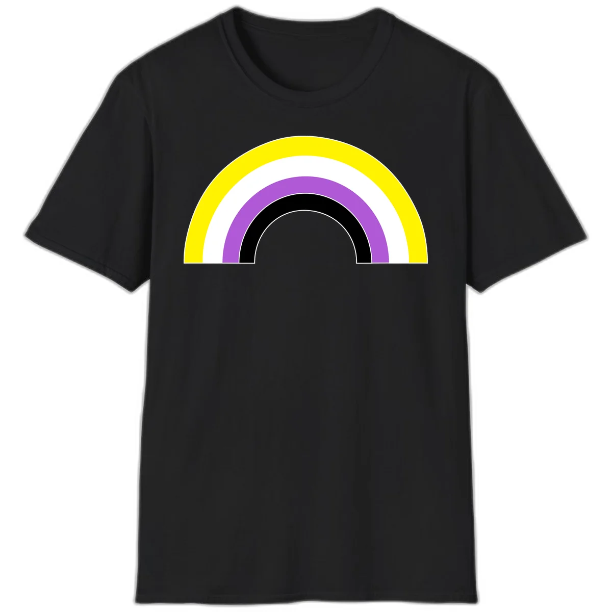 Concentric pride rainbow arcs in yellow, white, purple, and black nested semicircles on gray background in Black
