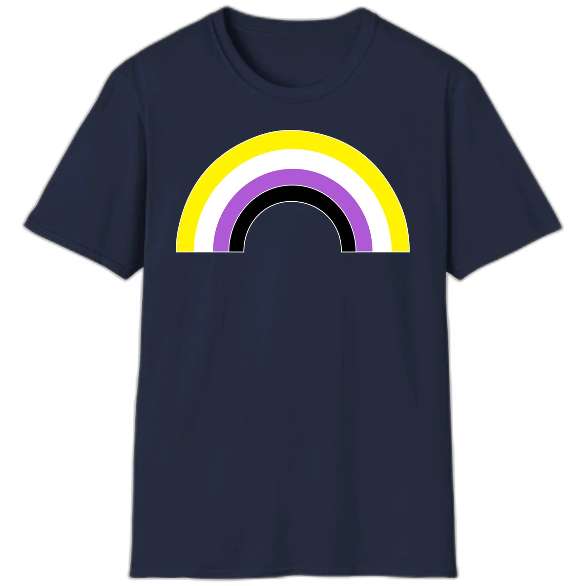 Concentric pride rainbow arcs in yellow, white, purple, and black nested semicircles on gray background in Navy