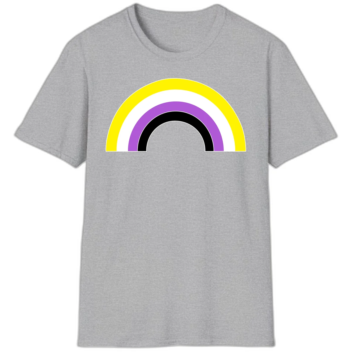Concentric pride rainbow arcs in yellow, white, purple, and black nested semicircles on gray background in Sport Grey
