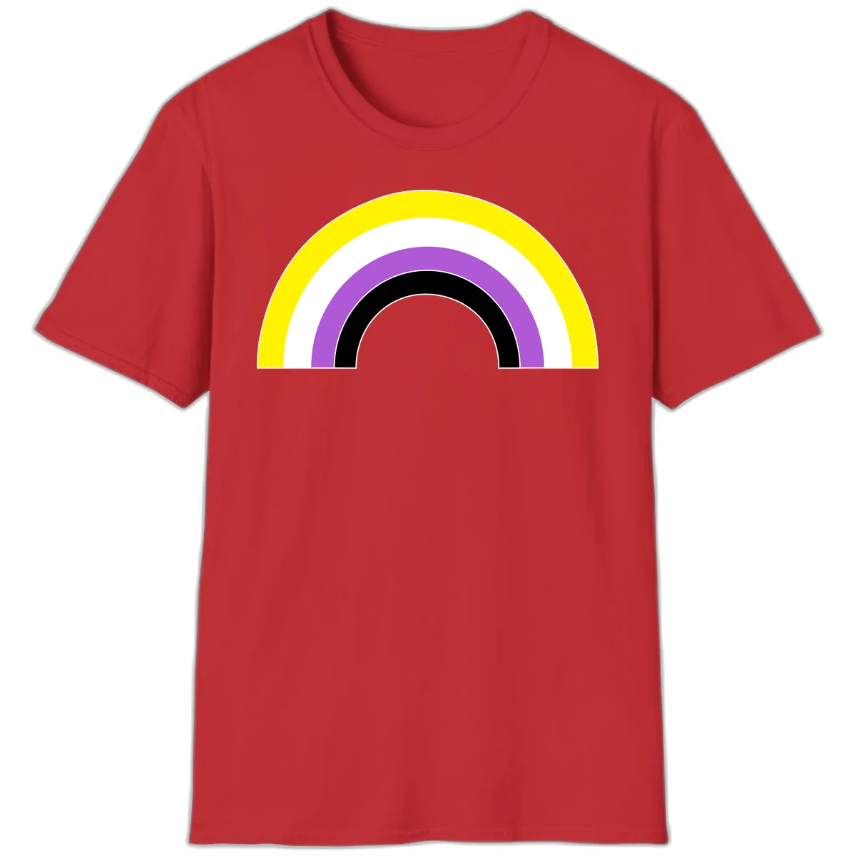 Concentric pride rainbow arcs in yellow, white, purple, and black nested semicircles on gray background in Red