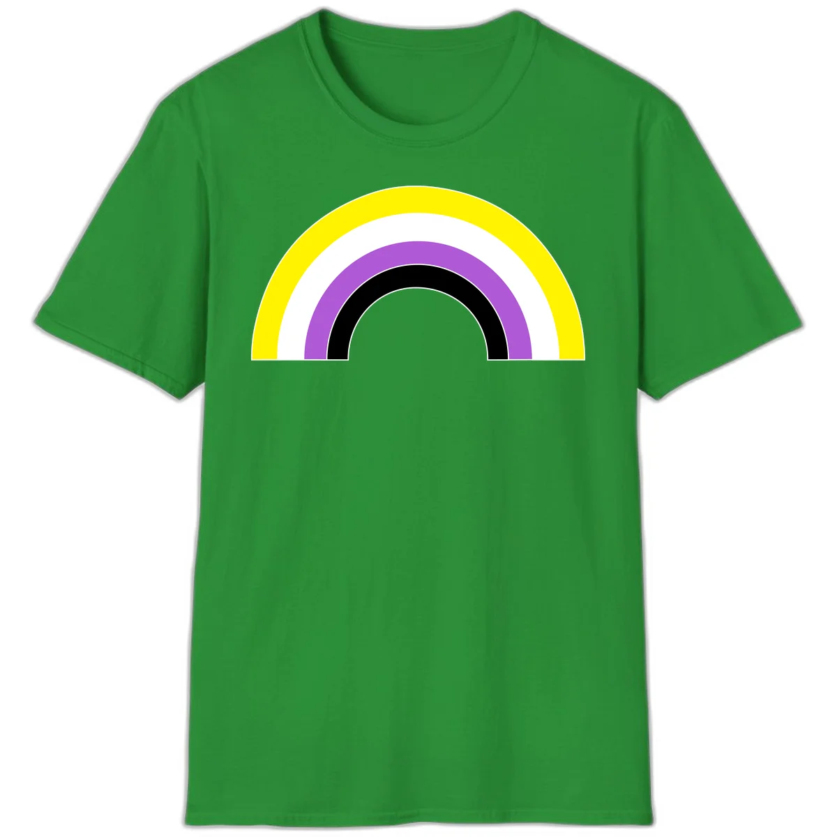 Concentric pride rainbow arcs in yellow, white, purple, and black nested semicircles on gray background in Irish Green