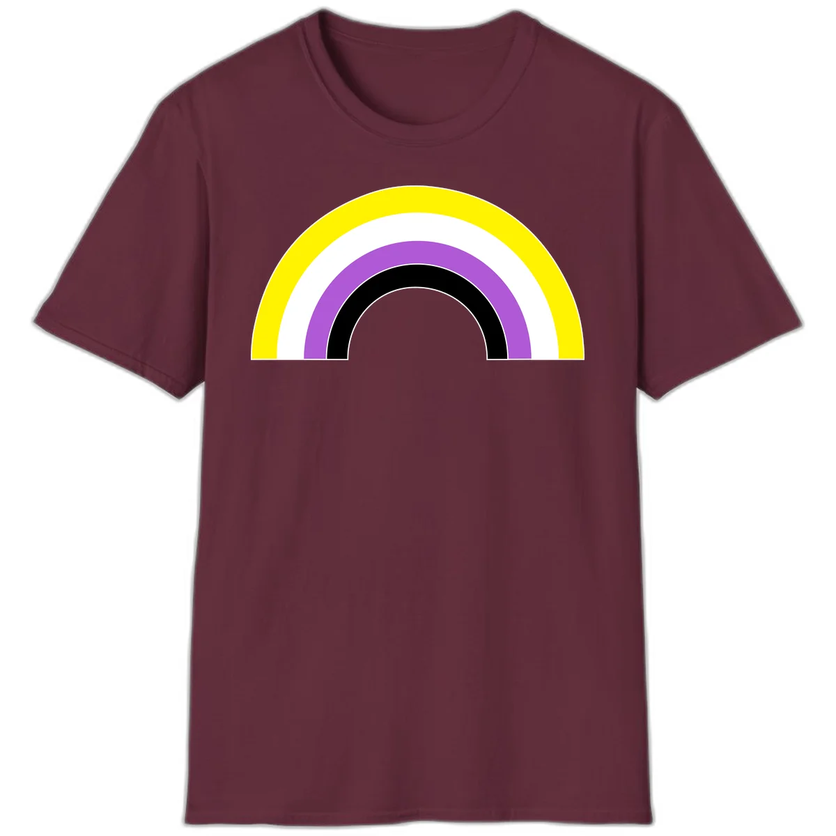 Concentric pride rainbow arcs in yellow, white, purple, and black nested semicircles on gray background in Maroon