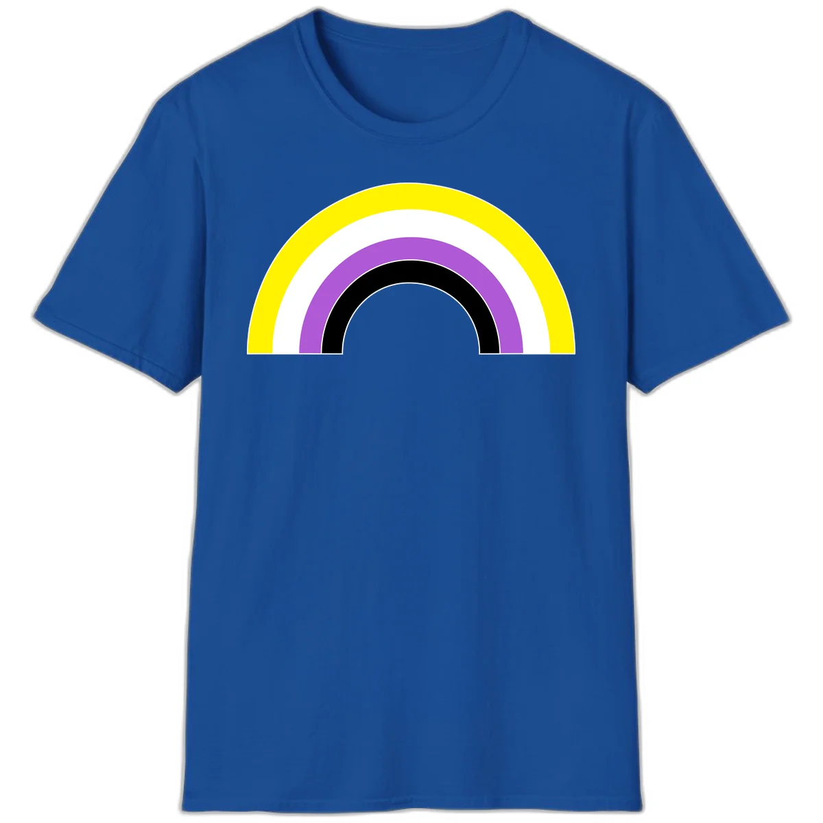Concentric pride rainbow arcs in yellow, white, purple, and black nested semicircles on gray background in Royal