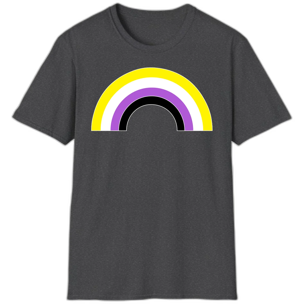 Concentric pride rainbow arcs in yellow, white, purple, and black nested semicircles on gray background in Dark Heather