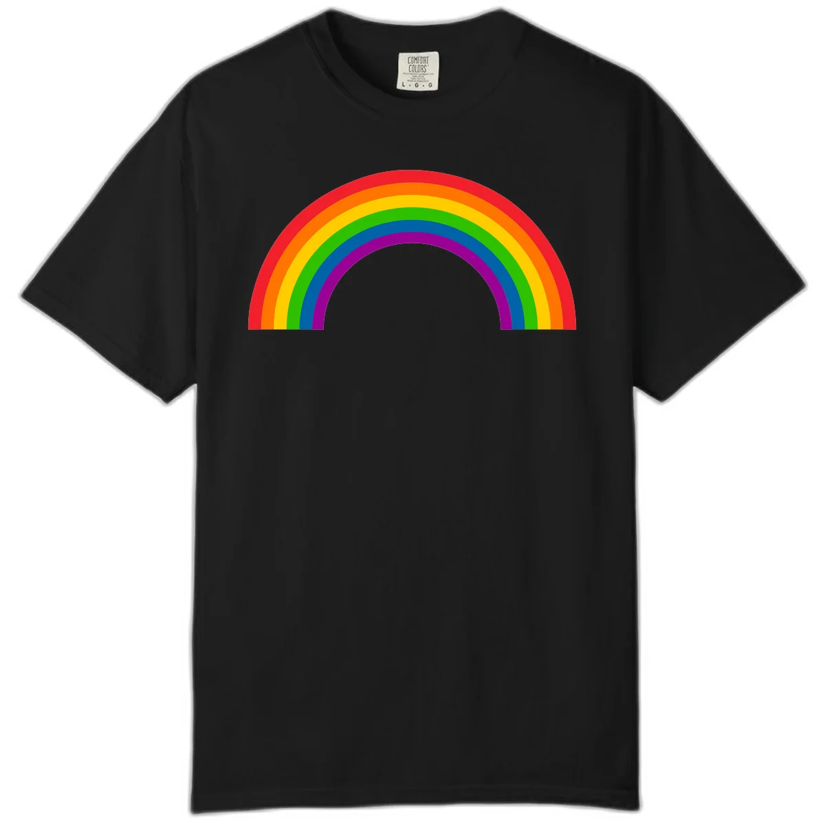Rainbow pride arc with seven concentric colored stripes in red, orange, yellow, green, blue, purple, and magenta forming a semicircle against gray background in Black