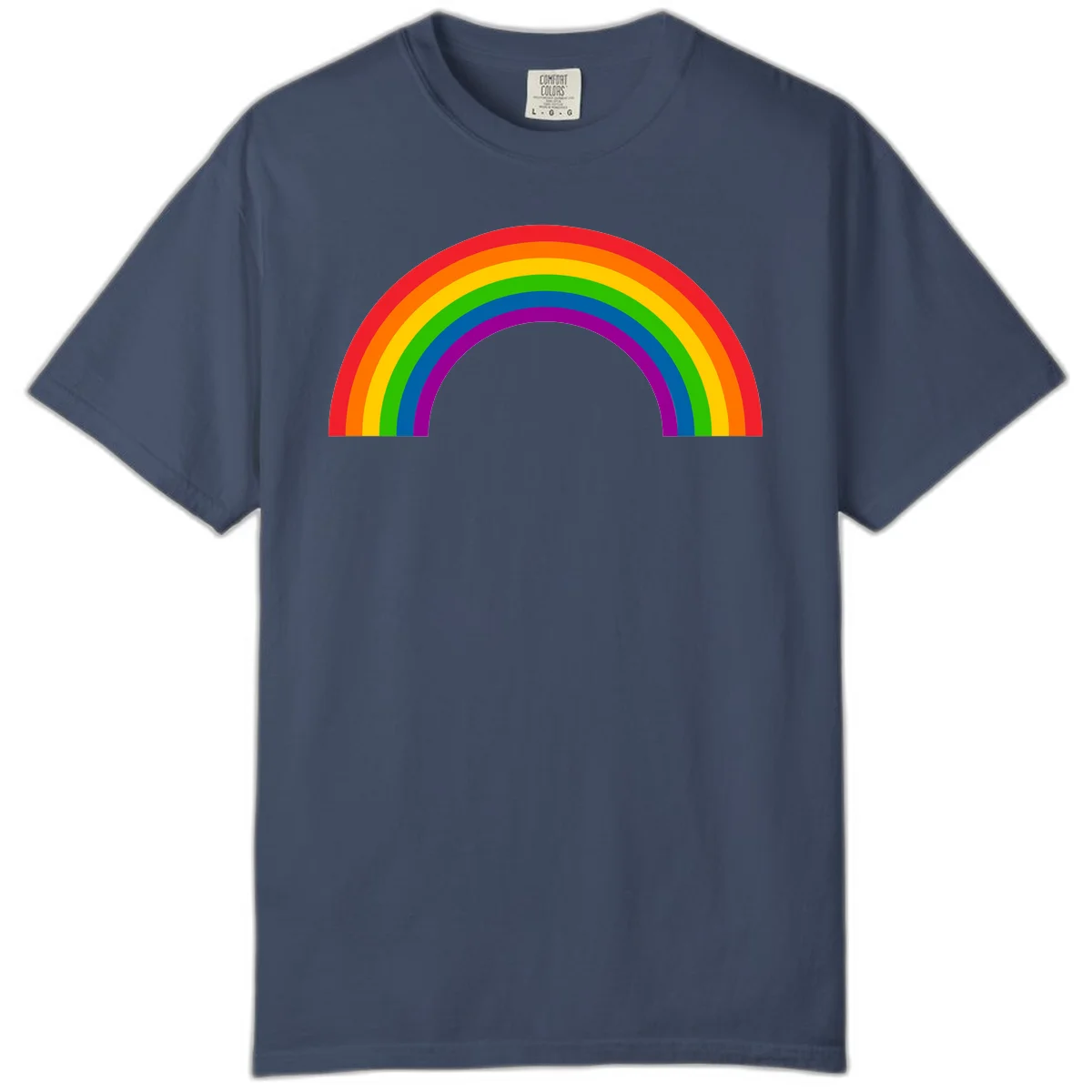 Rainbow pride arc with seven concentric colored stripes in red, orange, yellow, green, blue, purple, and magenta forming a semicircle against gray background in Midnight