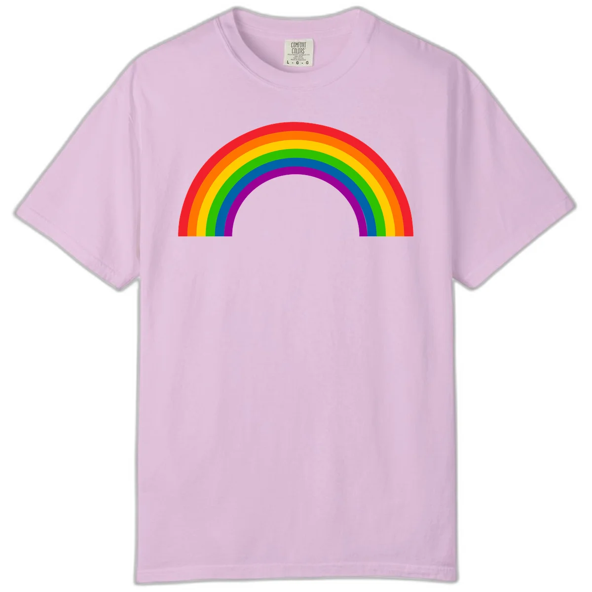 Rainbow pride arc with seven concentric colored stripes in red, orange, yellow, green, blue, purple, and magenta forming a semicircle against gray background in Orchid