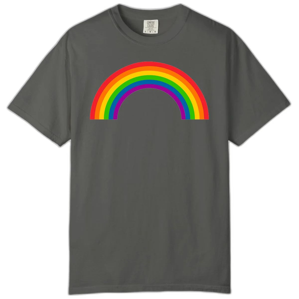 Rainbow pride arc with seven concentric colored stripes in red, orange, yellow, green, blue, purple, and magenta forming a semicircle against gray background in Pepper