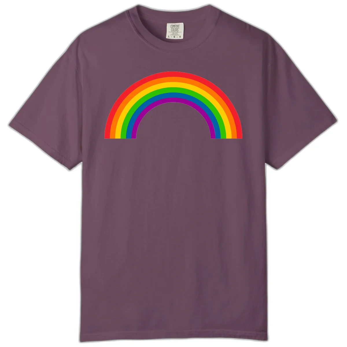 Rainbow pride arc with seven concentric colored stripes in red, orange, yellow, green, blue, purple, and magenta forming a semicircle against gray background in Berry
