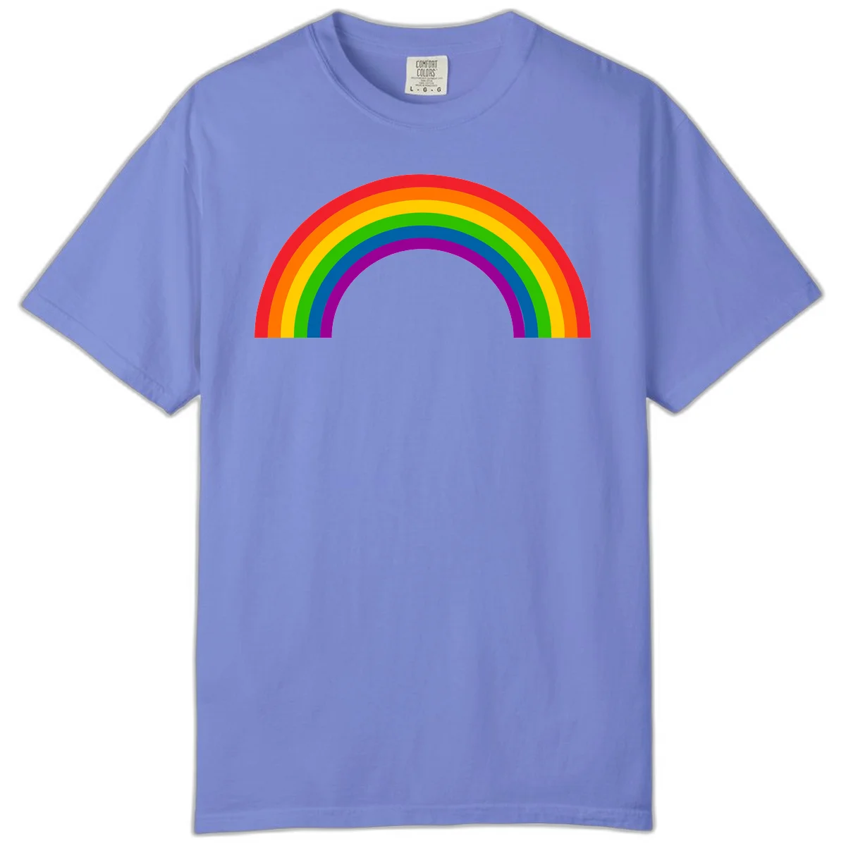Rainbow pride arc with seven concentric colored stripes in red, orange, yellow, green, blue, purple, and magenta forming a semicircle against gray background in Flo Blue