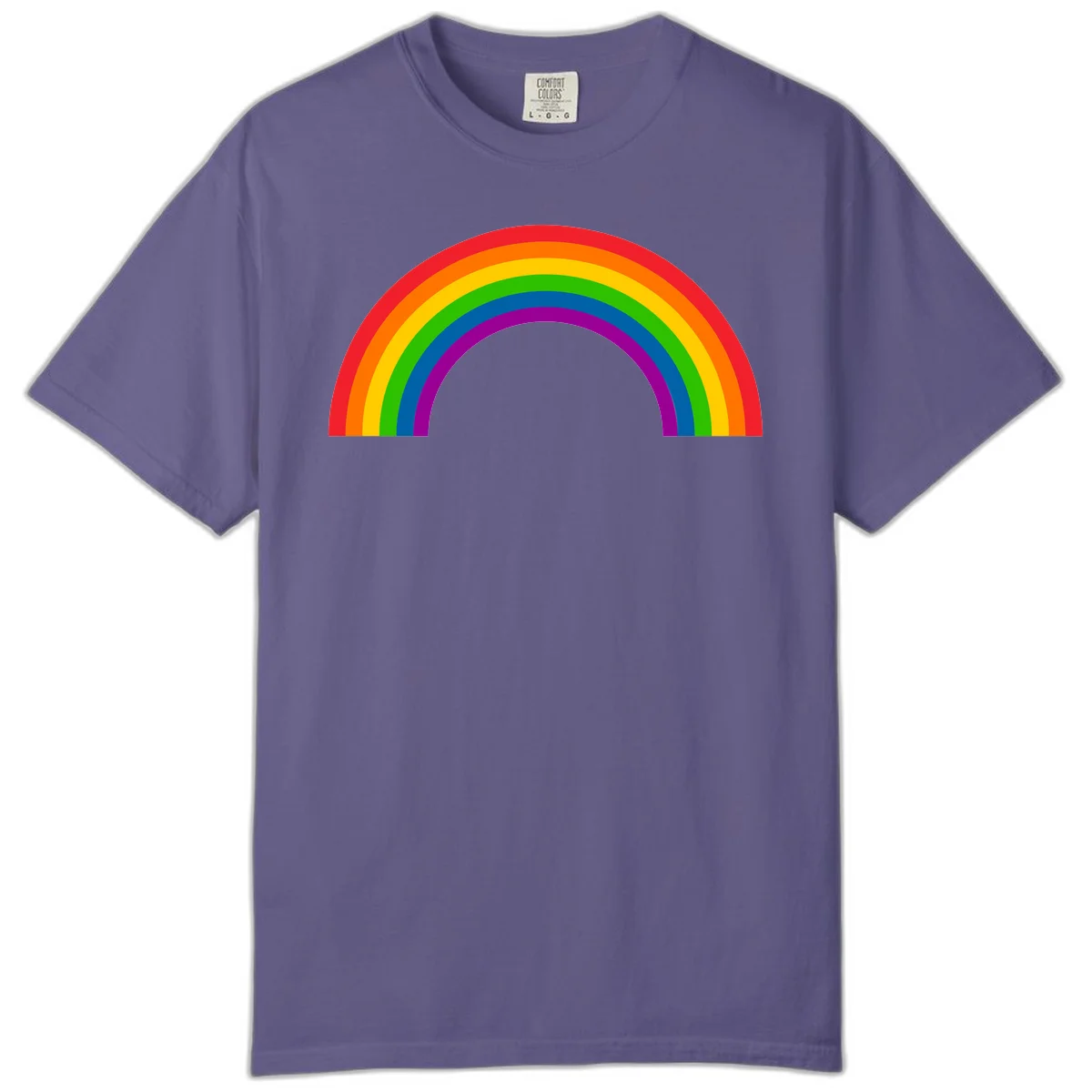 Rainbow pride arc with seven concentric colored stripes in red, orange, yellow, green, blue, purple, and magenta forming a semicircle against gray background in Grape