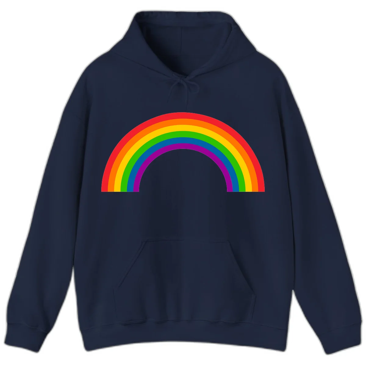 Rainbow pride arc with seven concentric colored stripes in red, orange, yellow, green, blue, purple, and magenta forming a semicircle against gray background in Navy