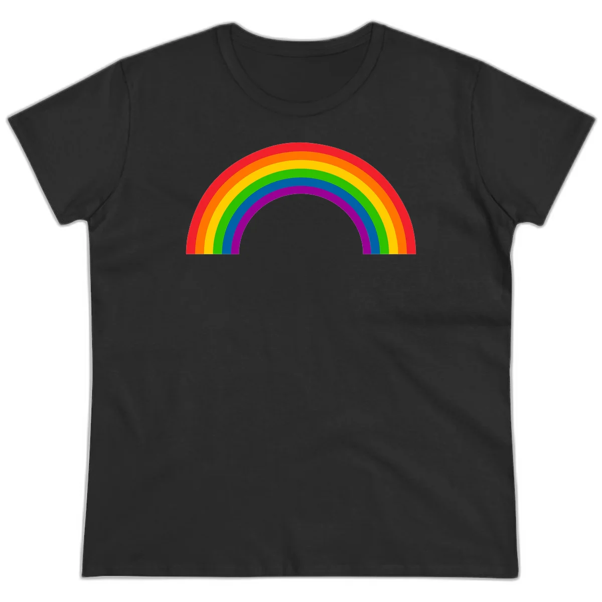 Rainbow pride arc with seven concentric colored stripes in red, orange, yellow, green, blue, purple, and magenta forming a semicircle against gray background in Black