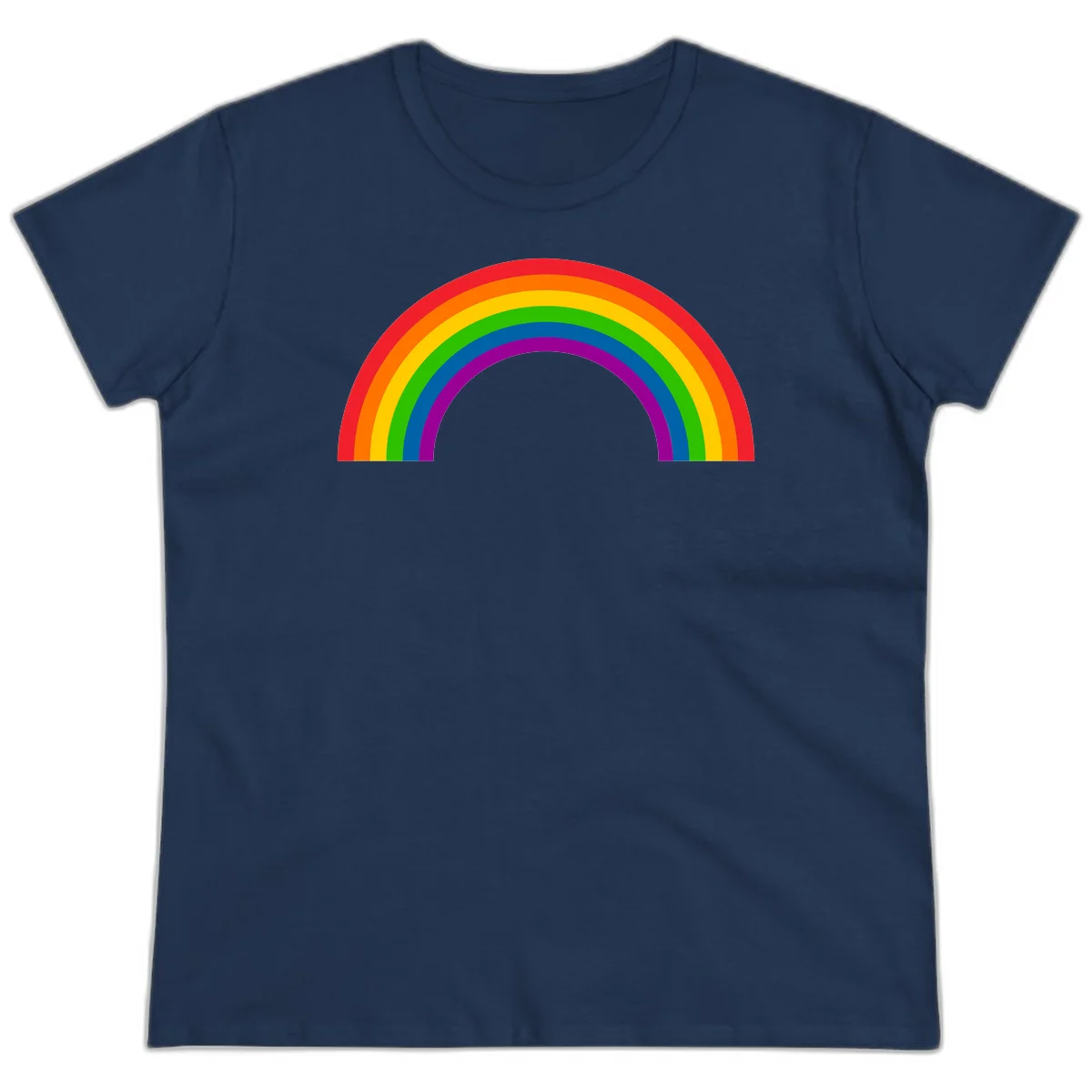 Rainbow pride arc with seven concentric colored stripes in red, orange, yellow, green, blue, purple, and magenta forming a semicircle against gray background in Navy