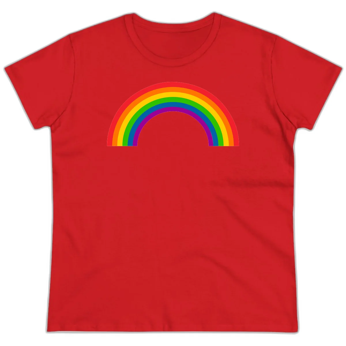 Rainbow pride arc with seven concentric colored stripes in red, orange, yellow, green, blue, purple, and magenta forming a semicircle against gray background in Red