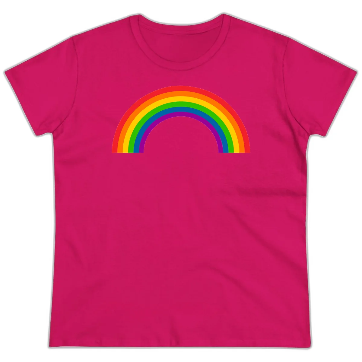 Rainbow pride arc with seven concentric colored stripes in red, orange, yellow, green, blue, purple, and magenta forming a semicircle against gray background in Heliconia