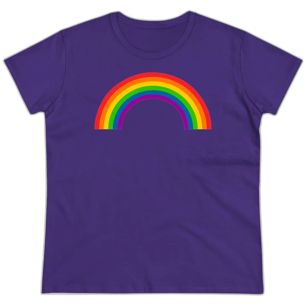 Rainbow pride arc with seven concentric colored stripes in red, orange, yellow, green, blue, purple, and magenta forming a semicircle against gray background in Purple