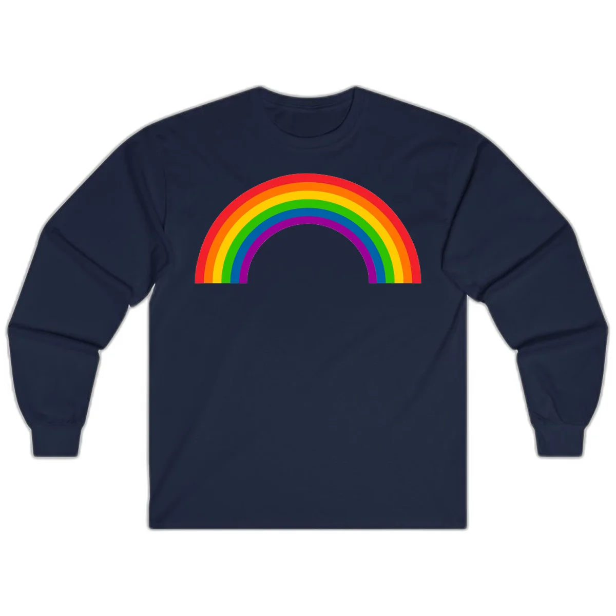 Rainbow pride arc with seven concentric colored stripes in red, orange, yellow, green, blue, purple, and magenta forming a semicircle against gray background in Navy
