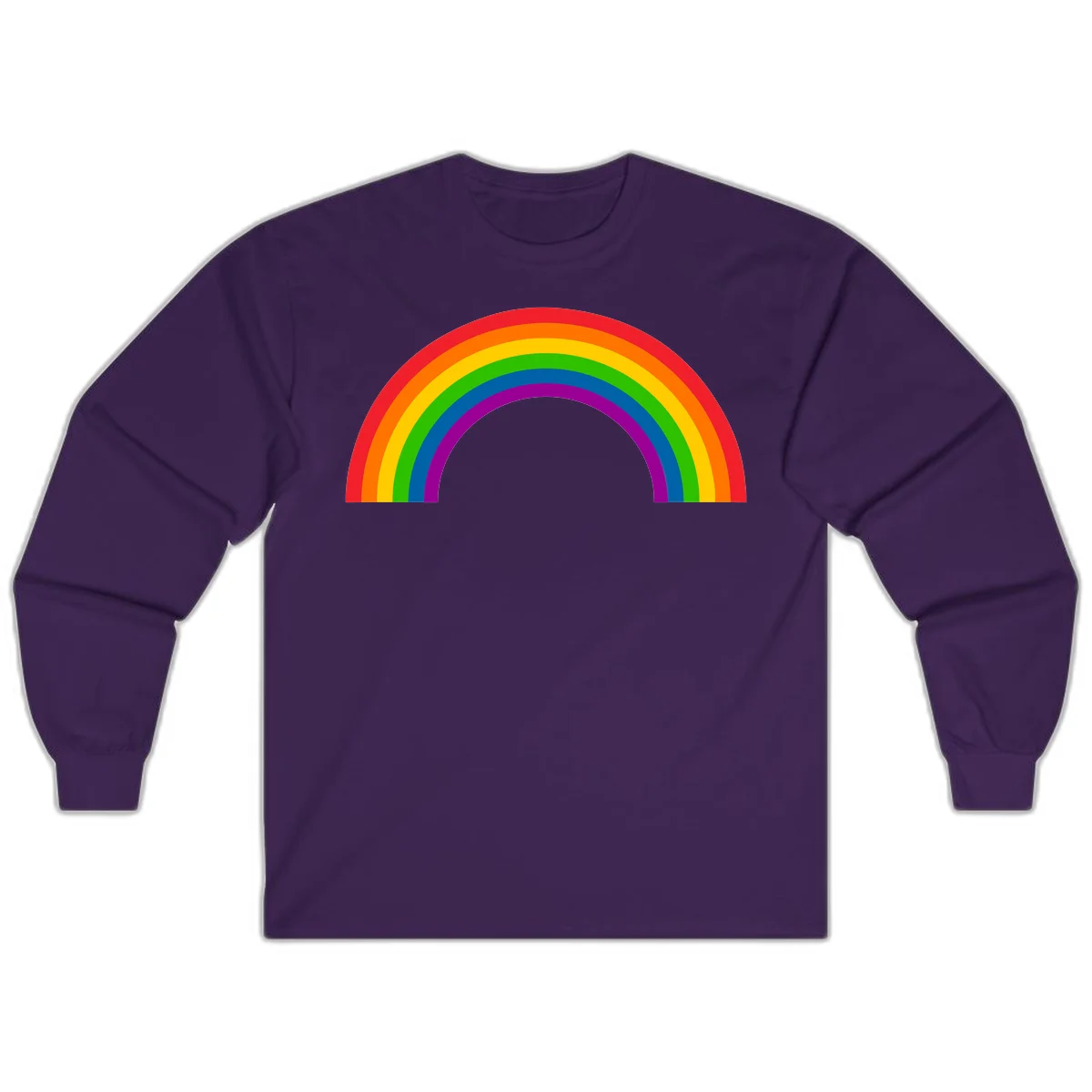 Rainbow pride arc with seven concentric colored stripes in red, orange, yellow, green, blue, purple, and magenta forming a semicircle against gray background in Purple