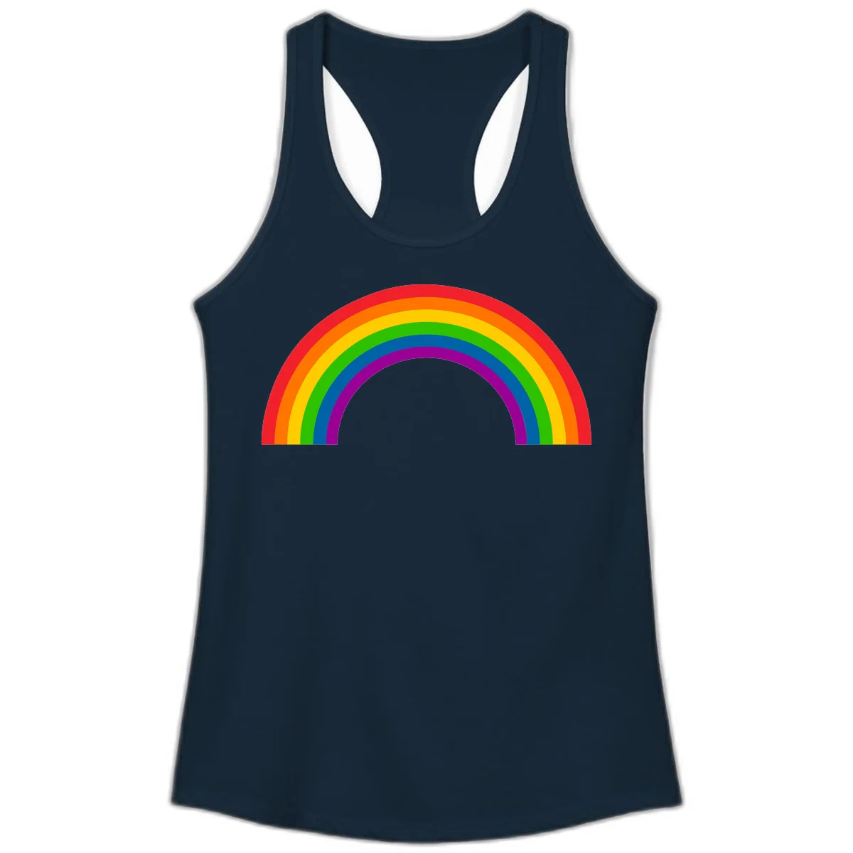 Rainbow pride arc with seven concentric colored stripes in red, orange, yellow, green, blue, purple, and magenta forming a semicircle against gray background in Solid Midnight Navy