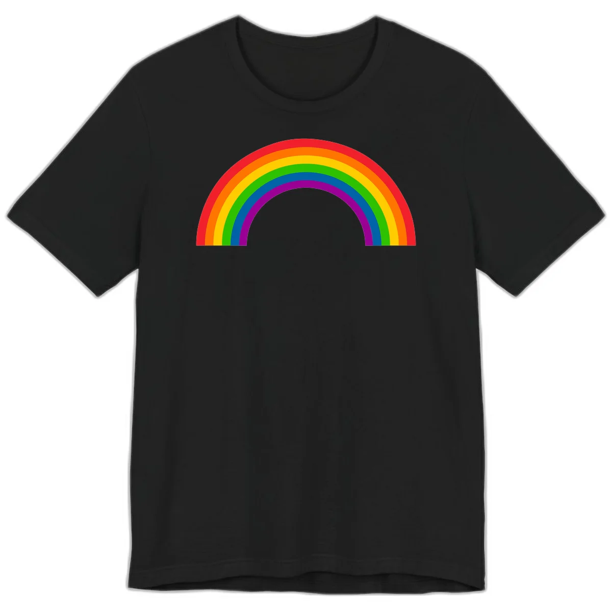 Rainbow pride arc with seven concentric colored stripes in red, orange, yellow, green, blue, purple, and magenta forming a semicircle against gray background in Black
