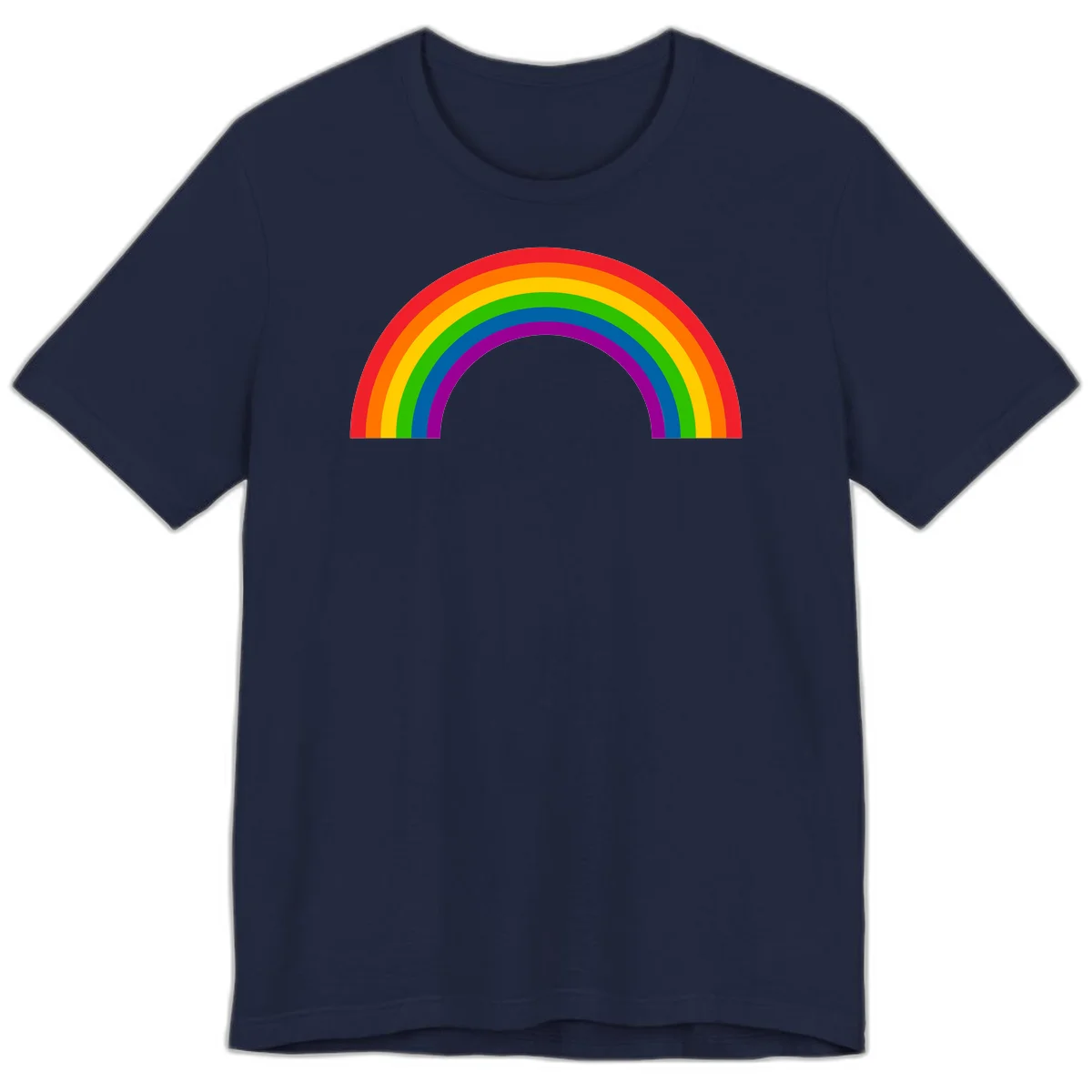 Rainbow pride arc with seven concentric colored stripes in red, orange, yellow, green, blue, purple, and magenta forming a semicircle against gray background in Navy