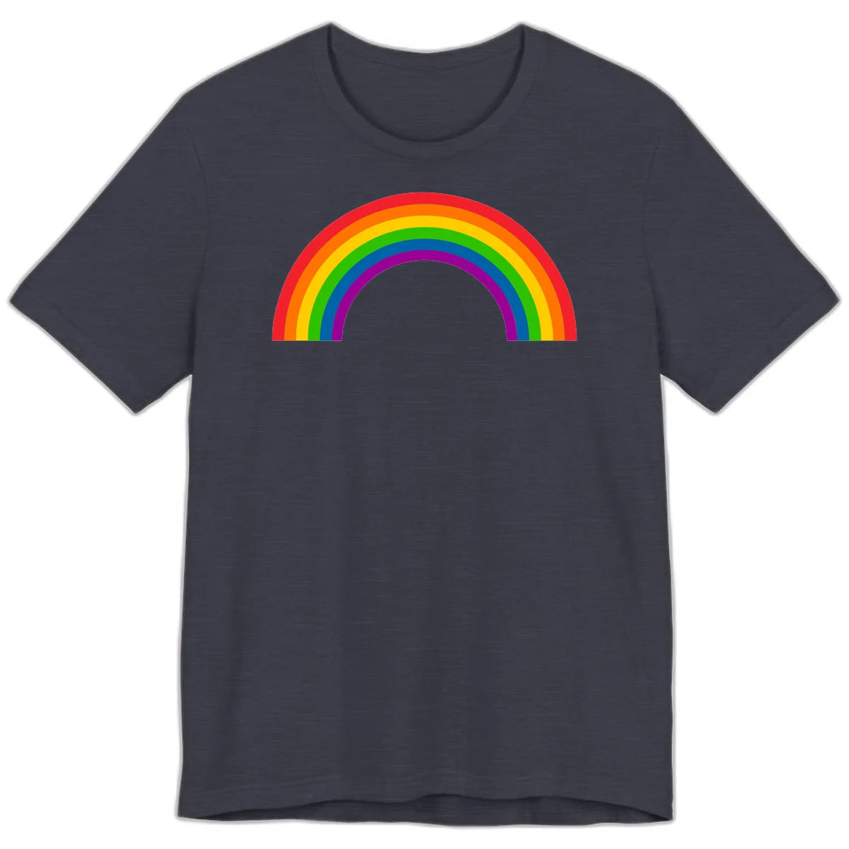 Rainbow pride arc with seven concentric colored stripes in red, orange, yellow, green, blue, purple, and magenta forming a semicircle against gray background in Heather Midnight Navy
